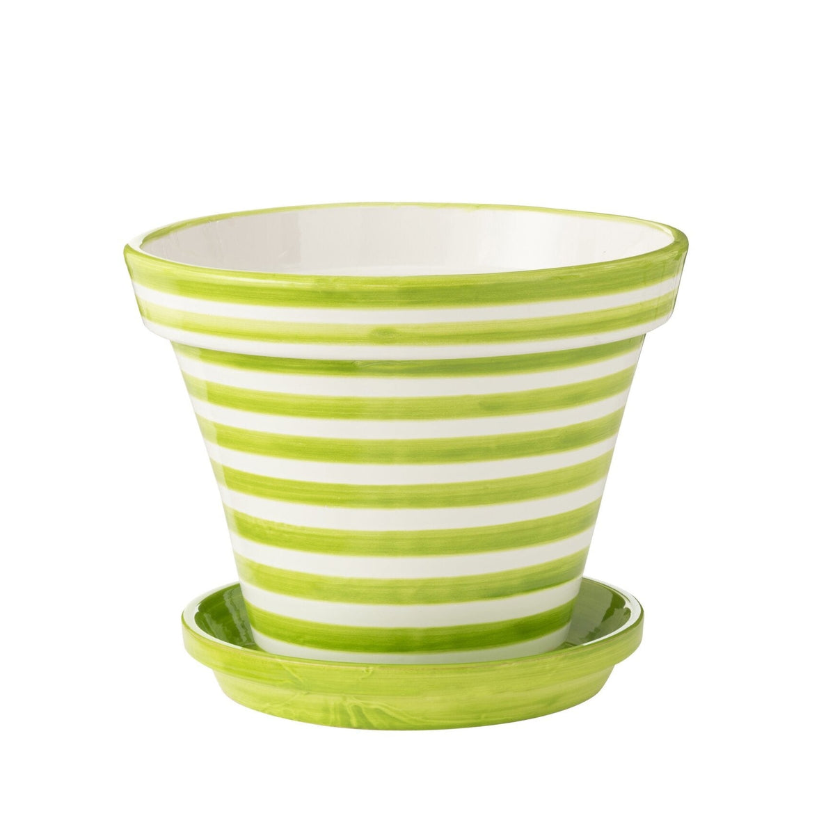 Pot de fleurs + assiette Granada Stripes en céramique, faits main et peints, verts, extra large, J-Line