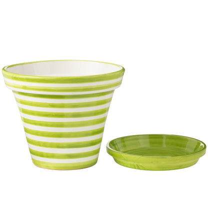 Pot de fleurs + assiette Granada Stripes en céramique, faits main et peints, verts, extra large, J-Line
