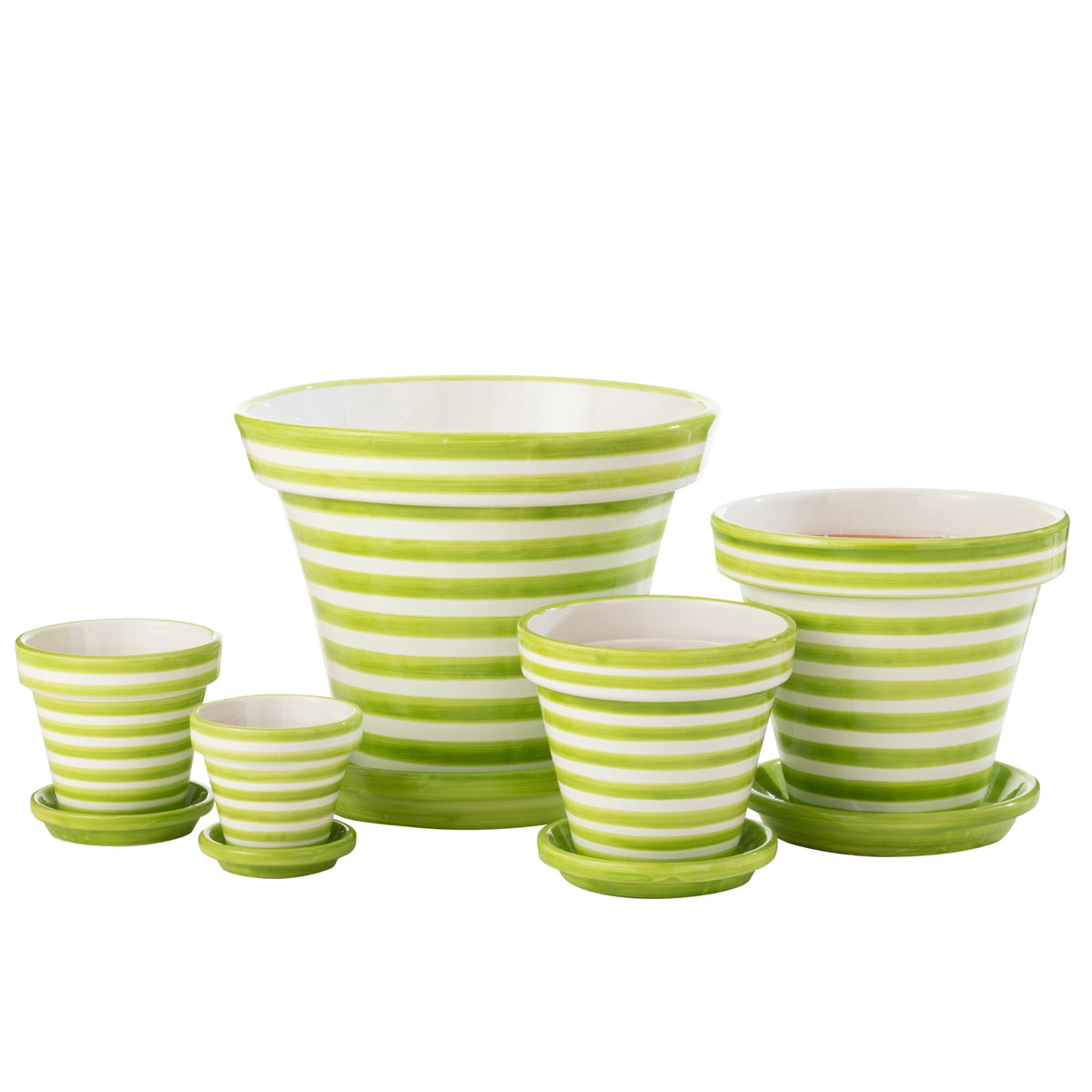 Pot de fleurs + assiette Granada Stripes en céramique, faits main et peints, verts, extra large, J-Line