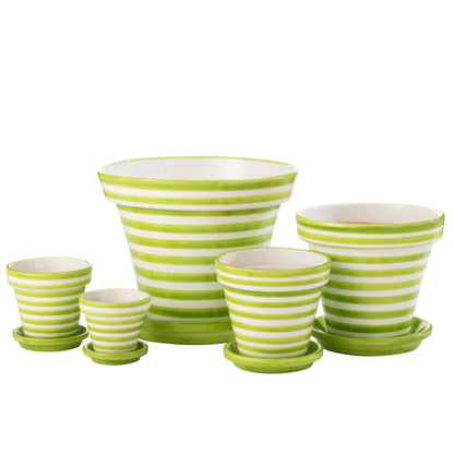 Pot de fleurs + assiette Granada Stripes en céramique, faits main et peints, verts, extra large, J-Line