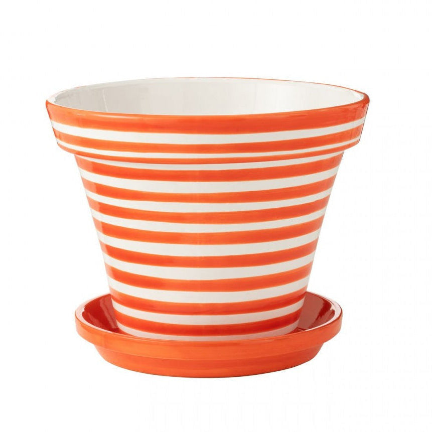 Pot de fleurs + assiette Granada Stripes en céramique, faits main et peints, orange, extra large, J-Line