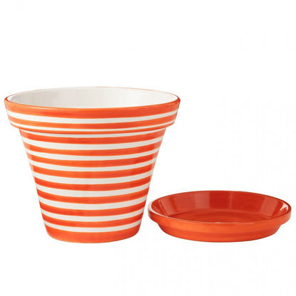 Pot de fleurs + assiette Granada Stripes en céramique, faits main et peints, orange, extra large, J-Line
