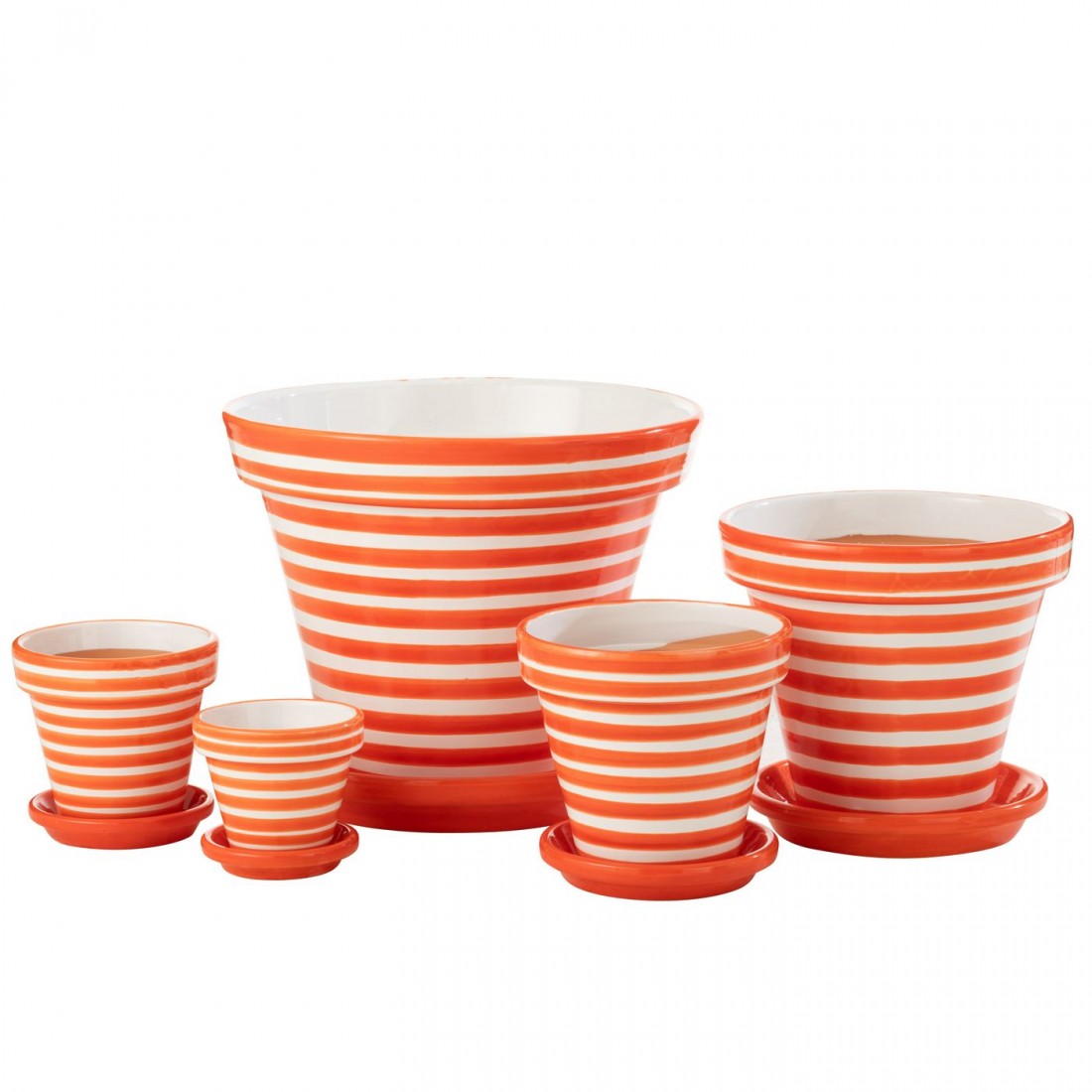 Pot de fleurs + assiette Granada Stripes en céramique, faits main et peints, orange, extra large, J-Line