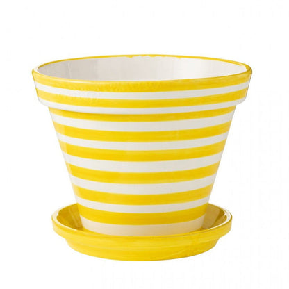 Pot de fleurs + assiette Granada Stripes en céramique, fait main et peint, jaune, extra large
