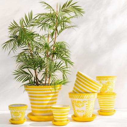 Pot de fleurs + assiette Granada Stripes en céramique, fait main et peint, jaune, extra large
