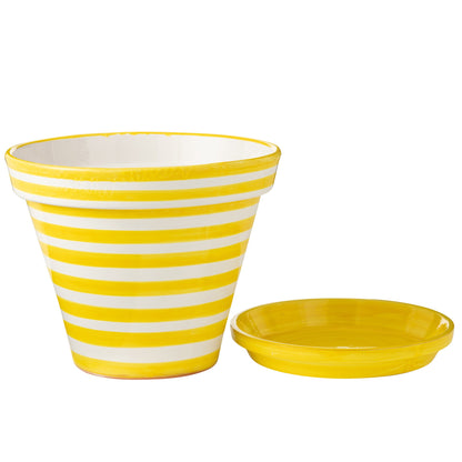 Pot de fleurs + assiette Granada Stripes en céramique, fait main et peint, jaune, extra large
