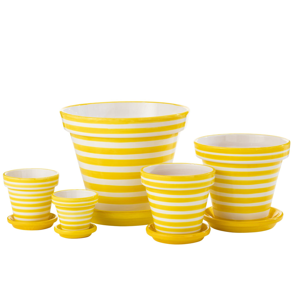 Pot de fleurs + assiette Granada Stripes en céramique, fait main et peint, jaune, extra large