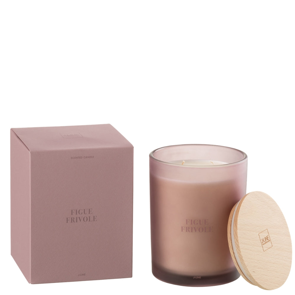 Geurkaars Accords Essentiels Figue Frivole 52 Uur van J-Line, paarse glazen pot met houten deksel naast de geschenkdoos