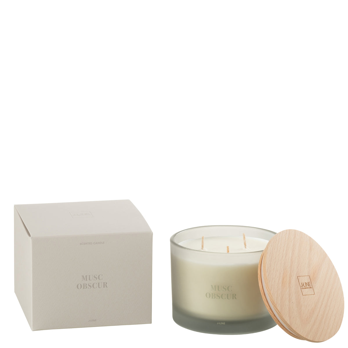 Geurkaars Accords Essentiels Musc Obscur 28 Uur van J-Line, grijze glazen pot met houten deksel naast de geschenkdoos