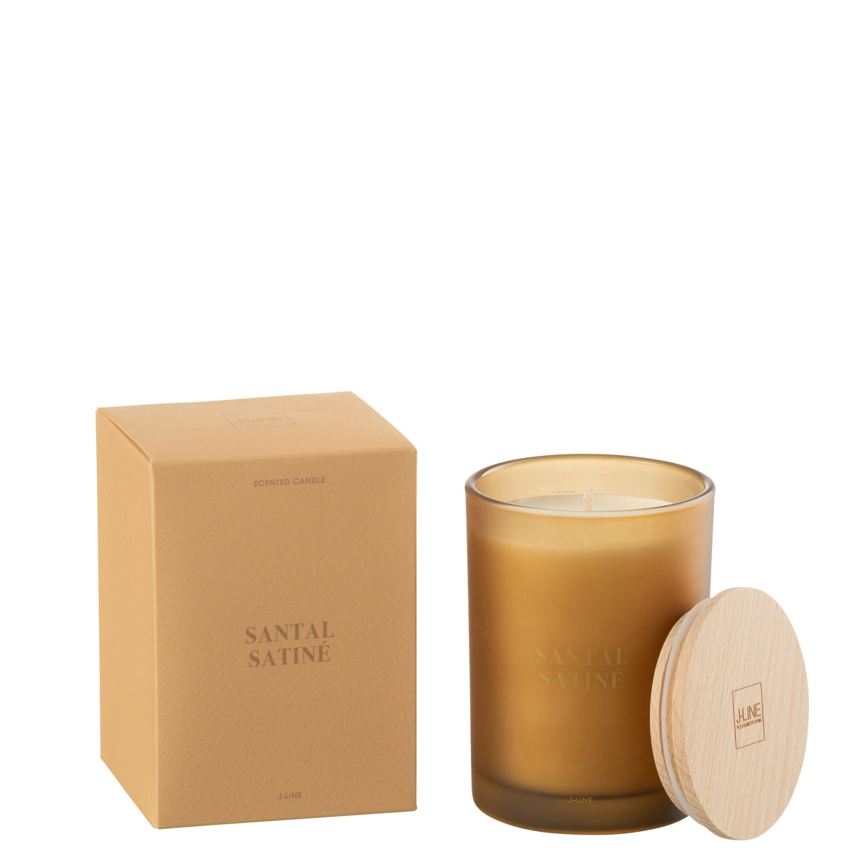 Geurkaars Accords Essentiels Santal Satiné 38 Uur van J-Line, gele glazen pot met houten deksel naast de geschenkdoos
