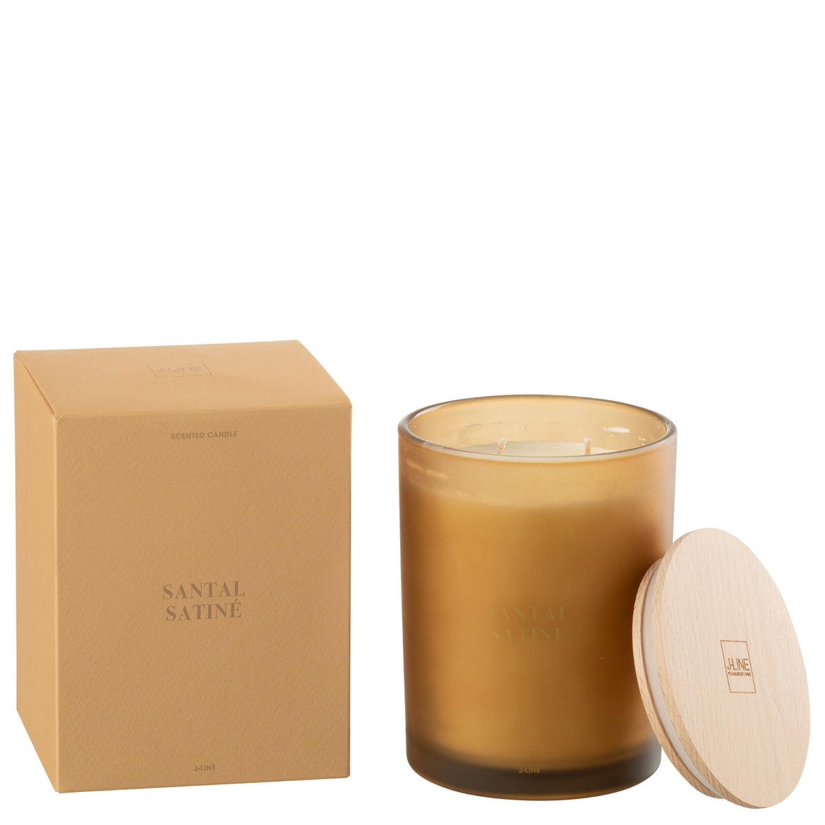 Geurkaars Accords Essentiels Santal Satiné 52 Uur van J-Line, gele glazen pot met houten deksel naast de geschenkdoos