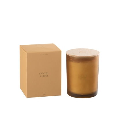 Geurkaars Accords Essentiels Santal Satiné 52 Uur van J-Line, gesloten kaarspot en doos op witte achtergrond