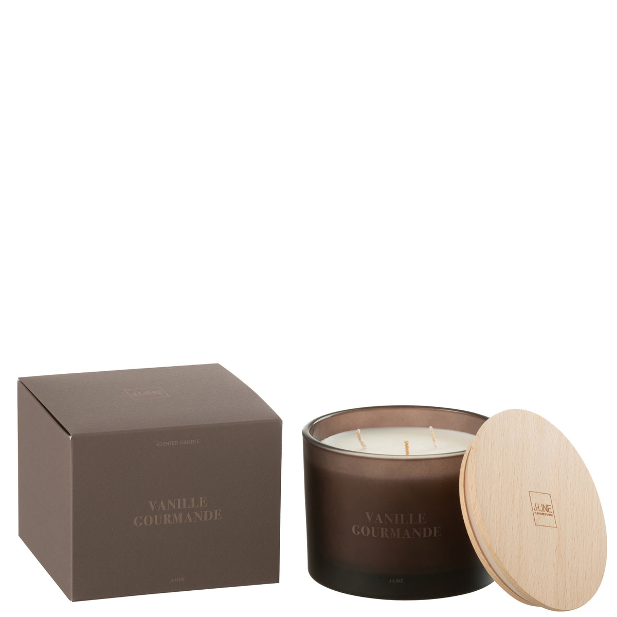 Geurkaars Accords Essentiels Vanille Gourmande 28 Uur van J-Line, bruine glazen pot met houten deksel naast de geschenkdoos