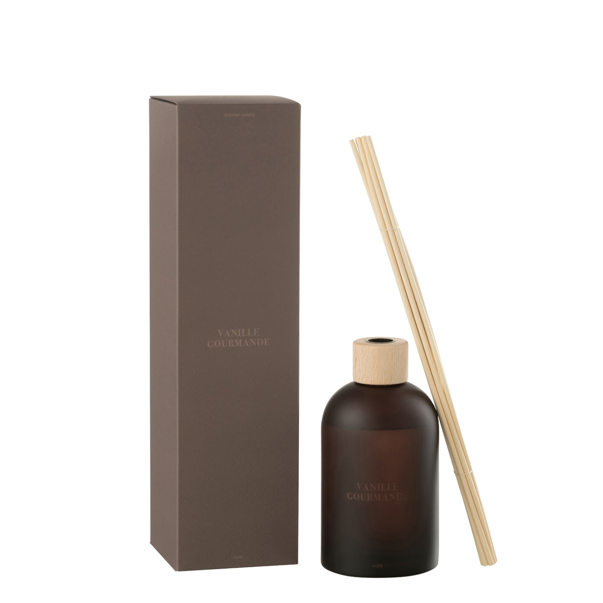 Geurstokjes Accords Essentiels Vanille Gourmande 550ml van J-Line, fles met losse stokjes en verpakking op witte achtergrond