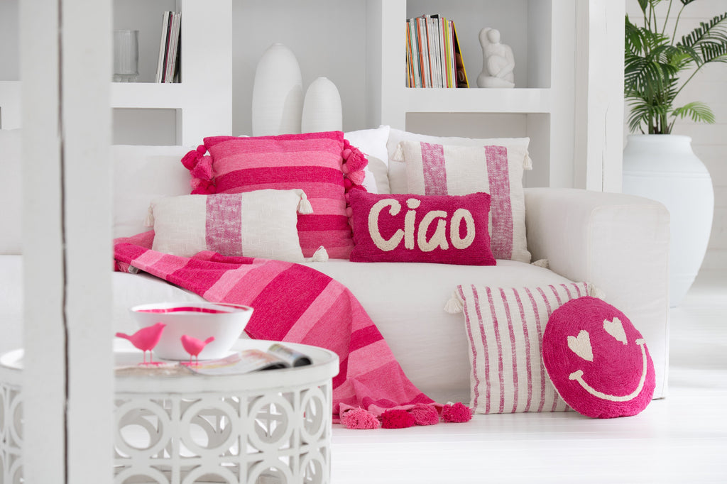 Kussen Strepen + Kwastjes Katoen Roze J-Line - Kussen - J-Line - livinglovely.nl