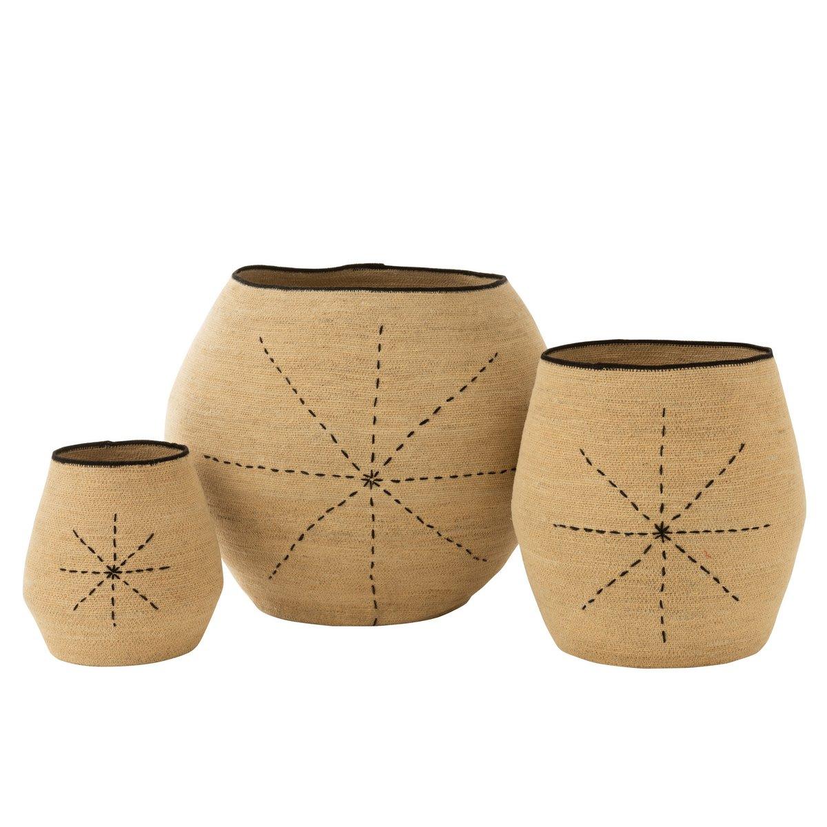 Mand Ster Stippellijnen Zeegras Naturel/Zwart Set van 3 - Mand - J-Line - livinglovely.nl