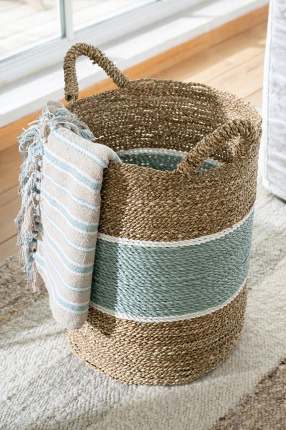 Paniers en jonc de mer rayés naturel/turquoise, lot de 3 J-Line