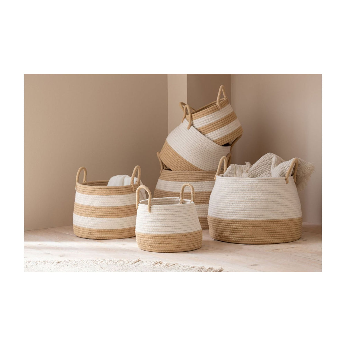 Paniers ronds en polyester naturel/blanc avec anse, lot de 3 J-Line