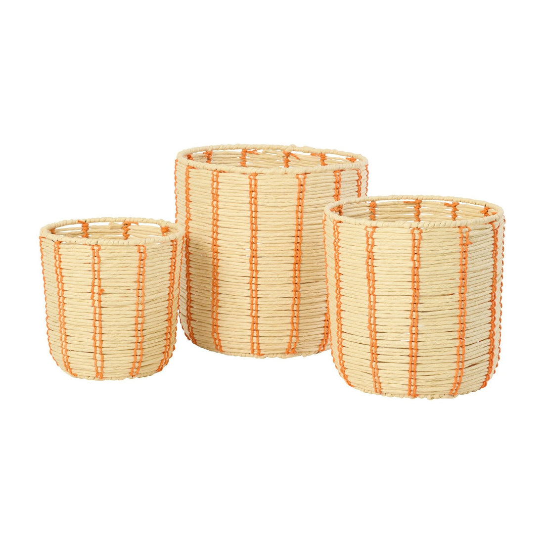 Paniers ronds en papier rayé naturel/orange, lot de 3 J-Line