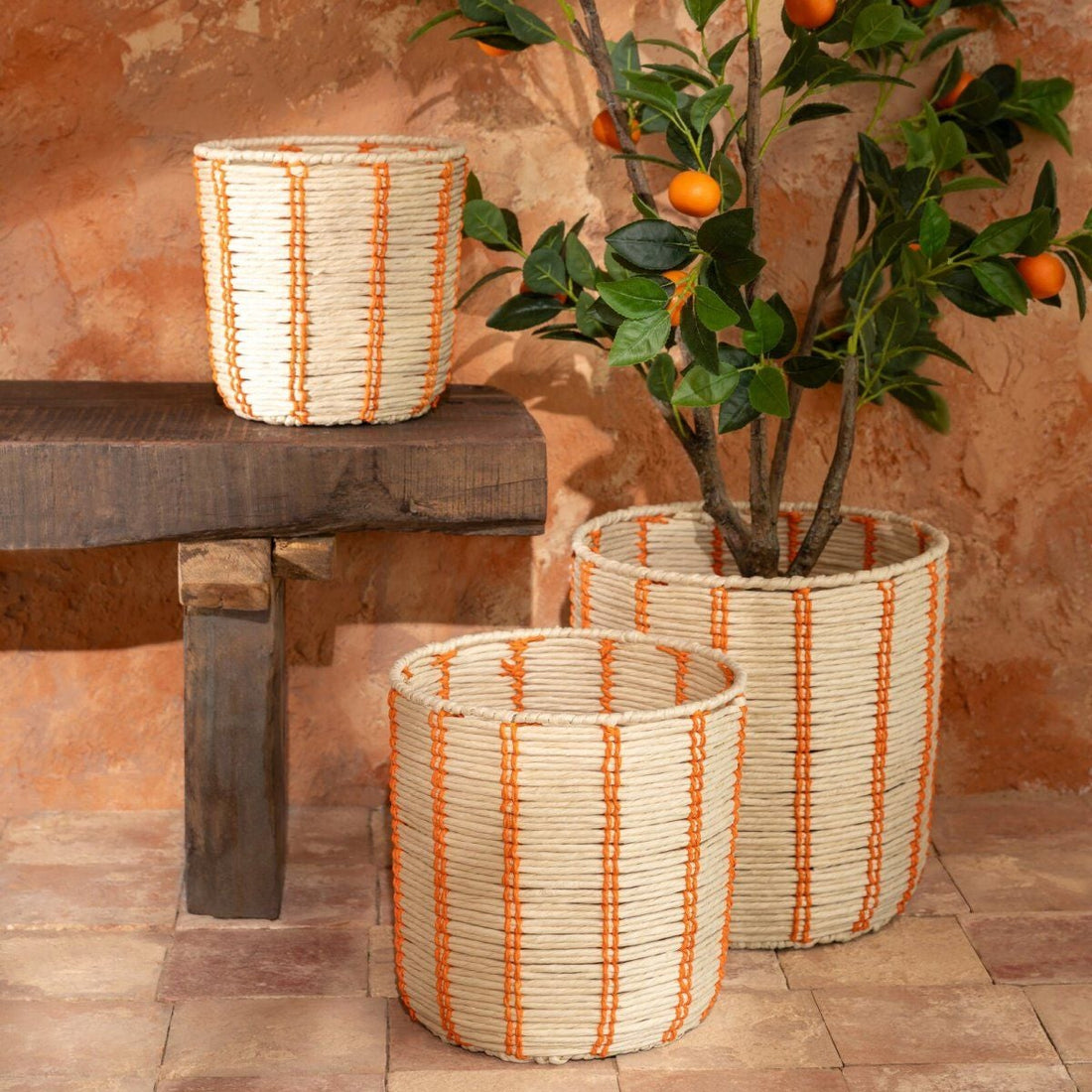 Paniers ronds en papier rayé naturel/orange, lot de 3 J-Line