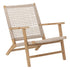Outdoor fauteuil William van MUST Living schuin van voren, teakhouten frame met hoge gevlochten rug