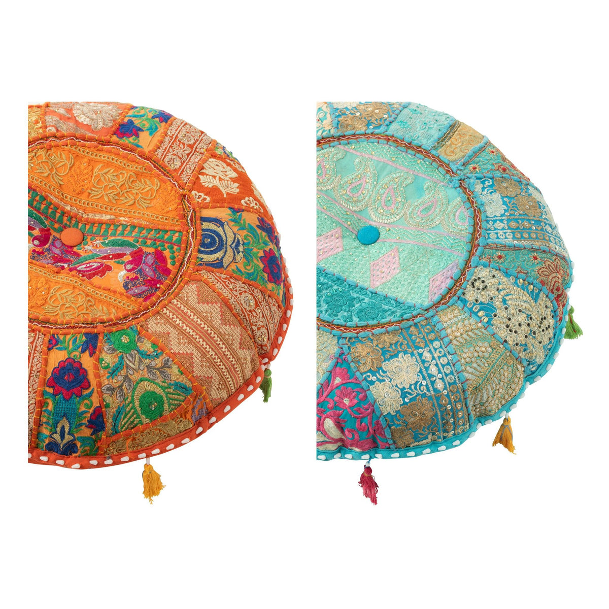 Pouf Rond Plat Motifs + Pompons Coton Orange/Bleu Lot de 2 J-Line