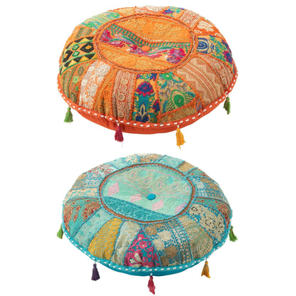 Pouf Rond Plat Motifs + Pompons Coton Orange/Bleu Lot de 2 J-Line