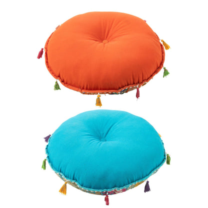 Pouf Rond Plat Motifs + Pompons Coton Orange/Bleu Lot de 2 J-Line