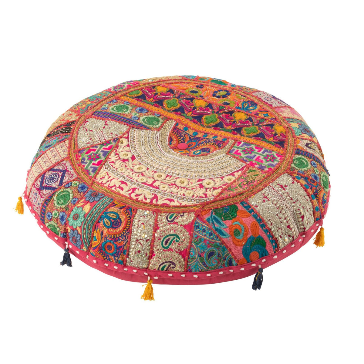 Pouf Rond Plat Motifs + Pompons Coton Rose J-Line