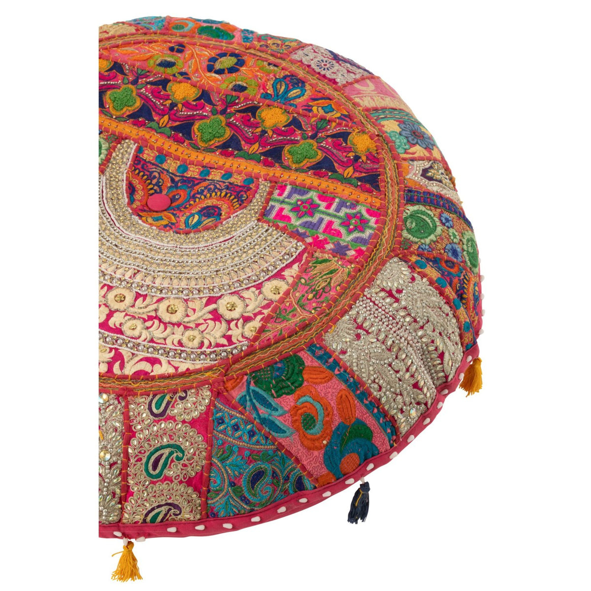 Pouf Rond Plat Motifs + Pompons Coton Rose J-Line