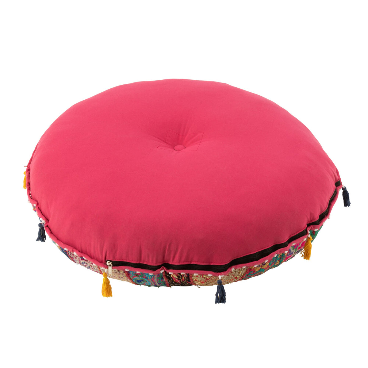 Pouf Rond Plat Motifs + Pompons Coton Rose J-Line
