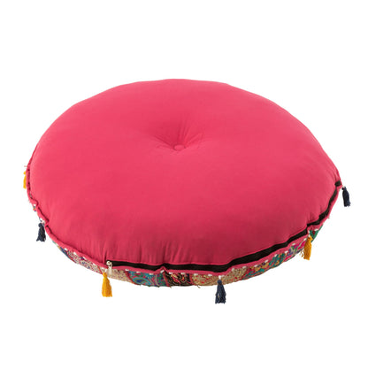 Pouf Rond Plat Motifs + Pompons Coton Rose J-Line