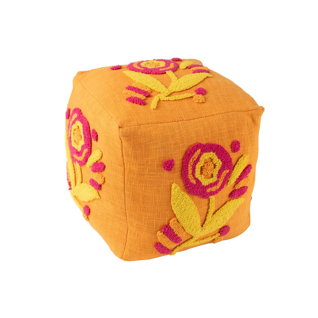Pouf carré à fleurs en coton orange/rose/jaune J-Line