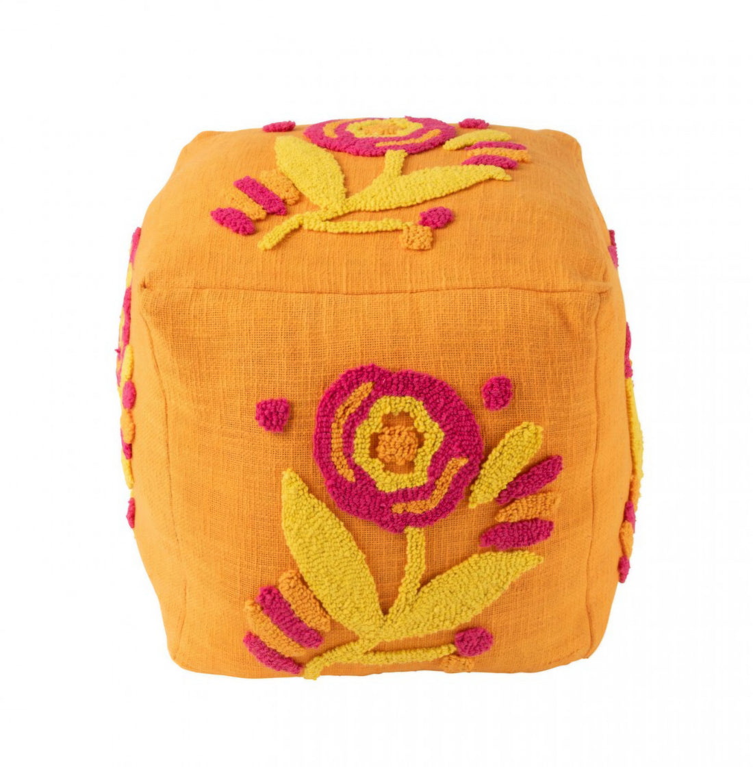 Pouf carré à fleurs en coton orange/rose/jaune J-Line
