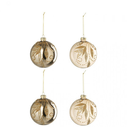 Boîte de 4 boules de Noël Feuilles + Pois Verre couleur or J-Line