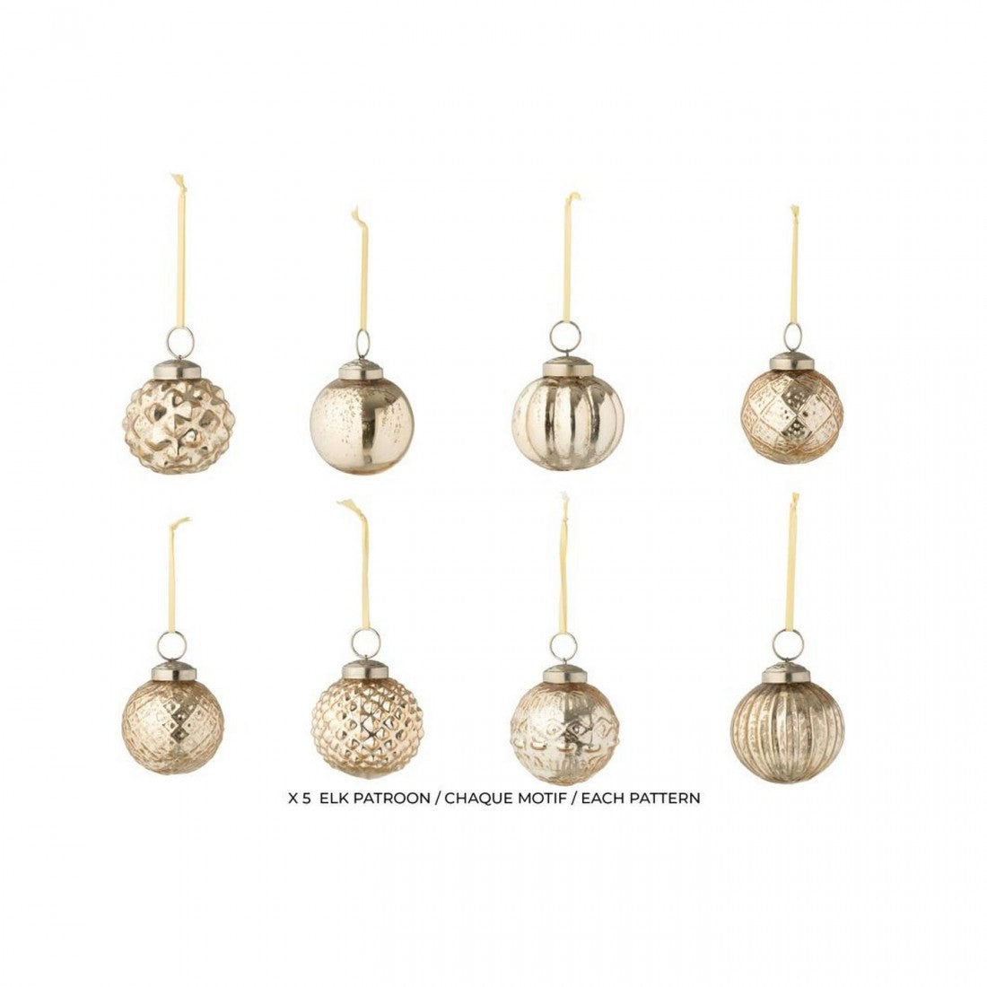 Boîte de 40 boules de Noël, 8 motifs, en verre doré, J-Line