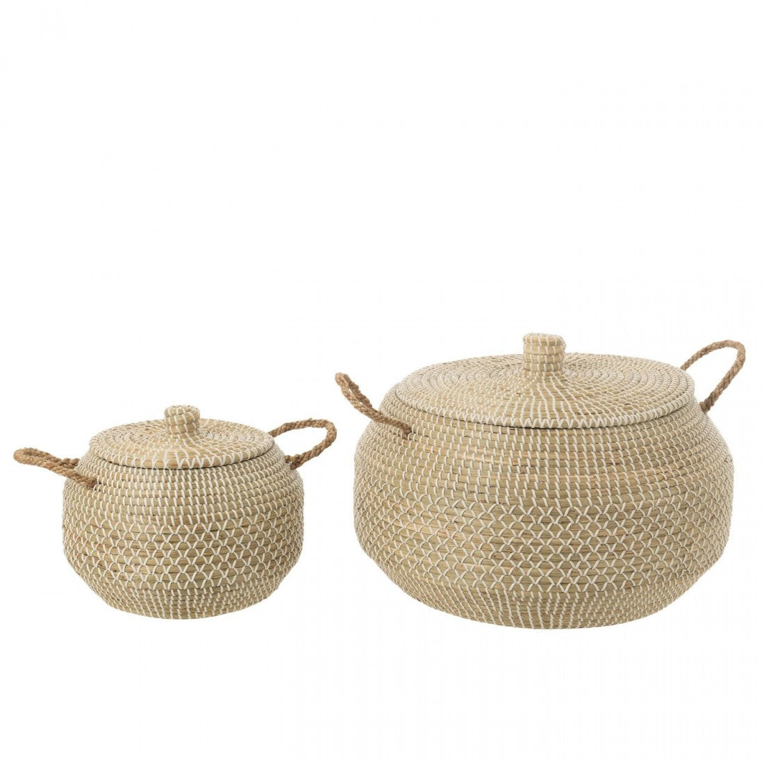 Panier avec anse + couvercle en jonc de mer naturel/blanc, lot de 2 J-Line