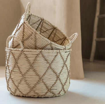 Lot De 3 Paniers Avec Anse Ronds Papier Quadrillé Naturel/Beige J-Line
