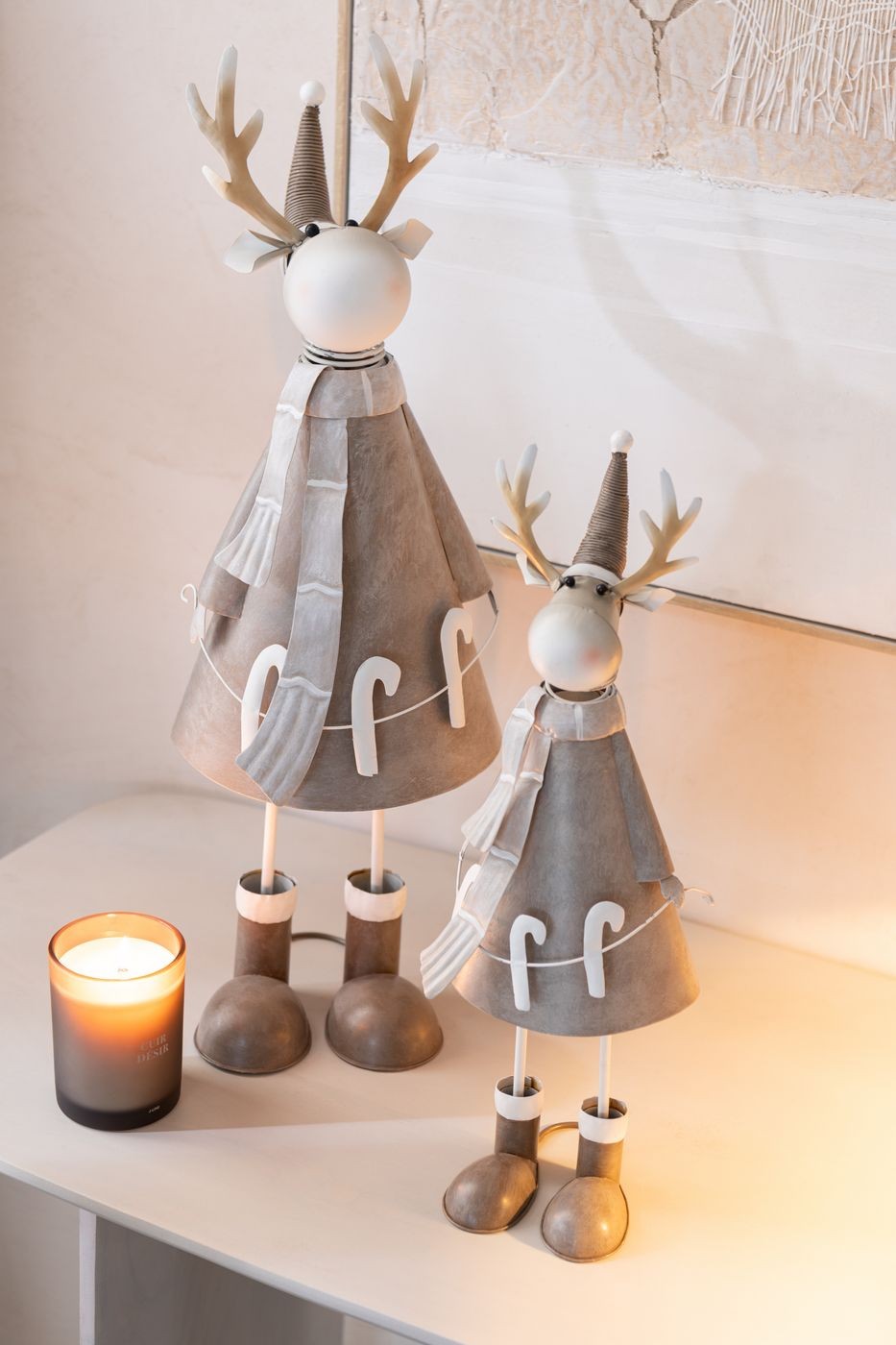 Set de 2 bougeoirs renne en métal beige/gris J-Line