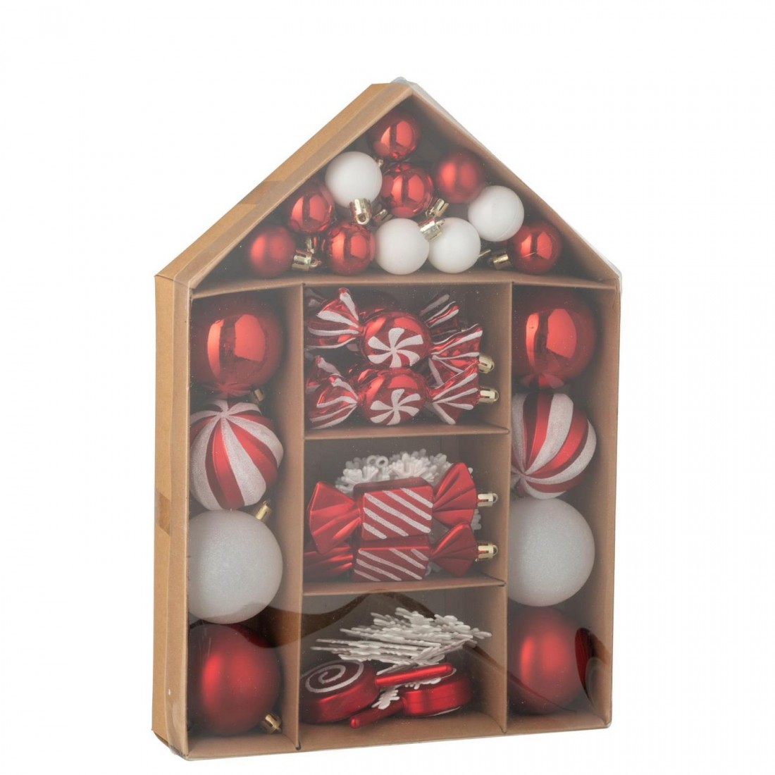 Boîte de 59 boules de Noël en plastique rouge de Noël/blanc J-Line
