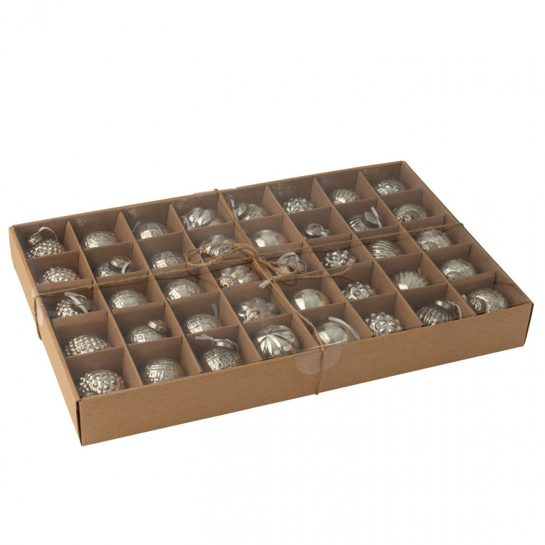 Boîte de 40 boules de Noël, 8 motifs, en verre argenté, J-Line