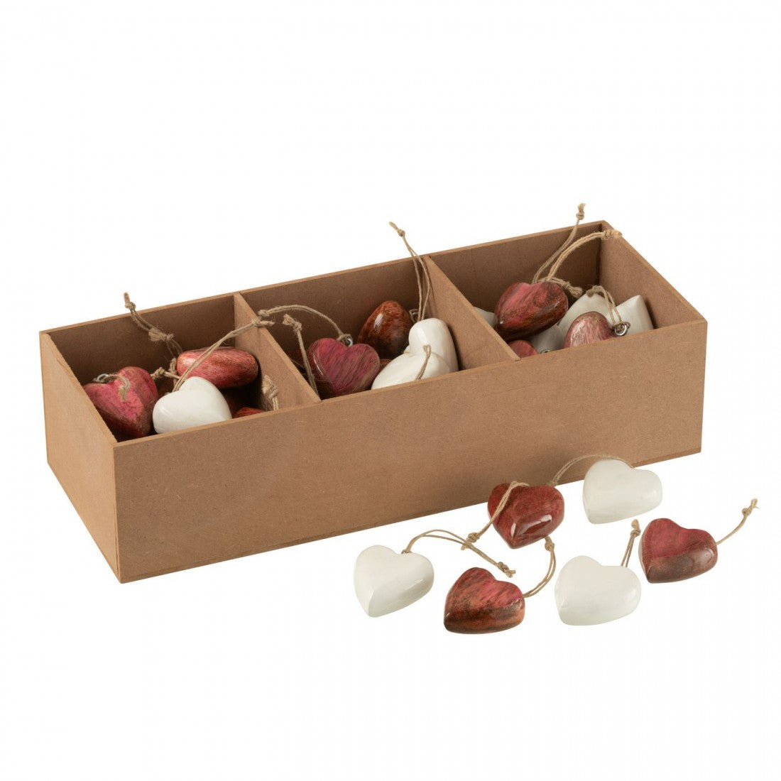 Boîte de 48 pendentifs cœur en bois de manguier blanc/rose J-Line