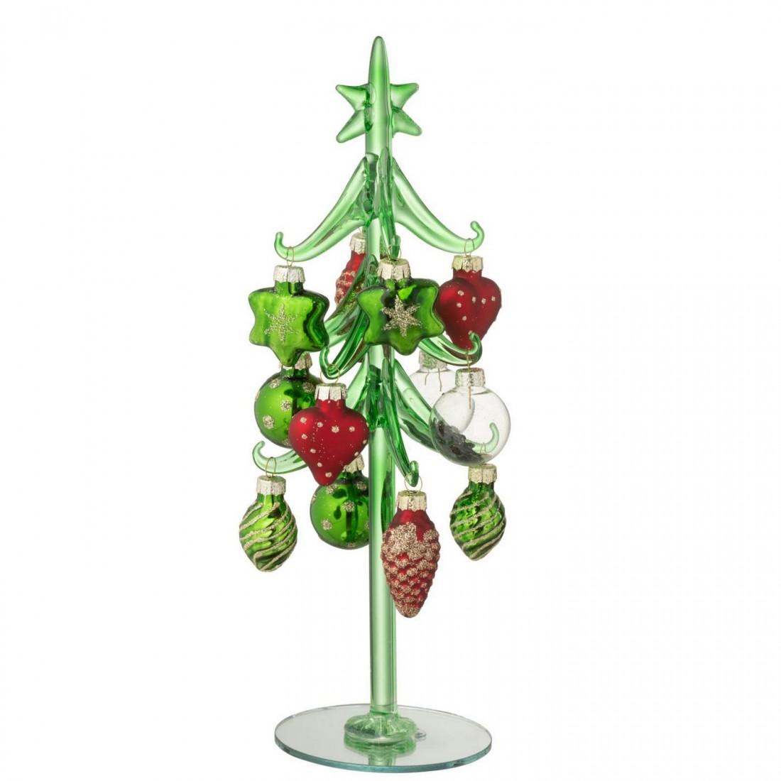 Sapin de Noël + Boules en verre vert foncé/rouge de Noël J-Line
