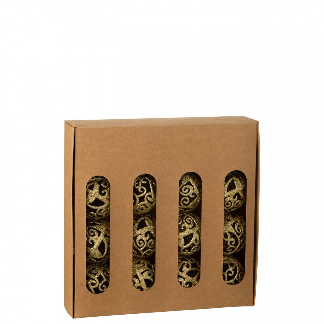 Boîte de 16 boules de Noël à motif baroque en plastique doré J-Line