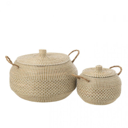 Panier avec anse + couvercle en jonc de mer naturel/blanc, lot de 2 J-Line