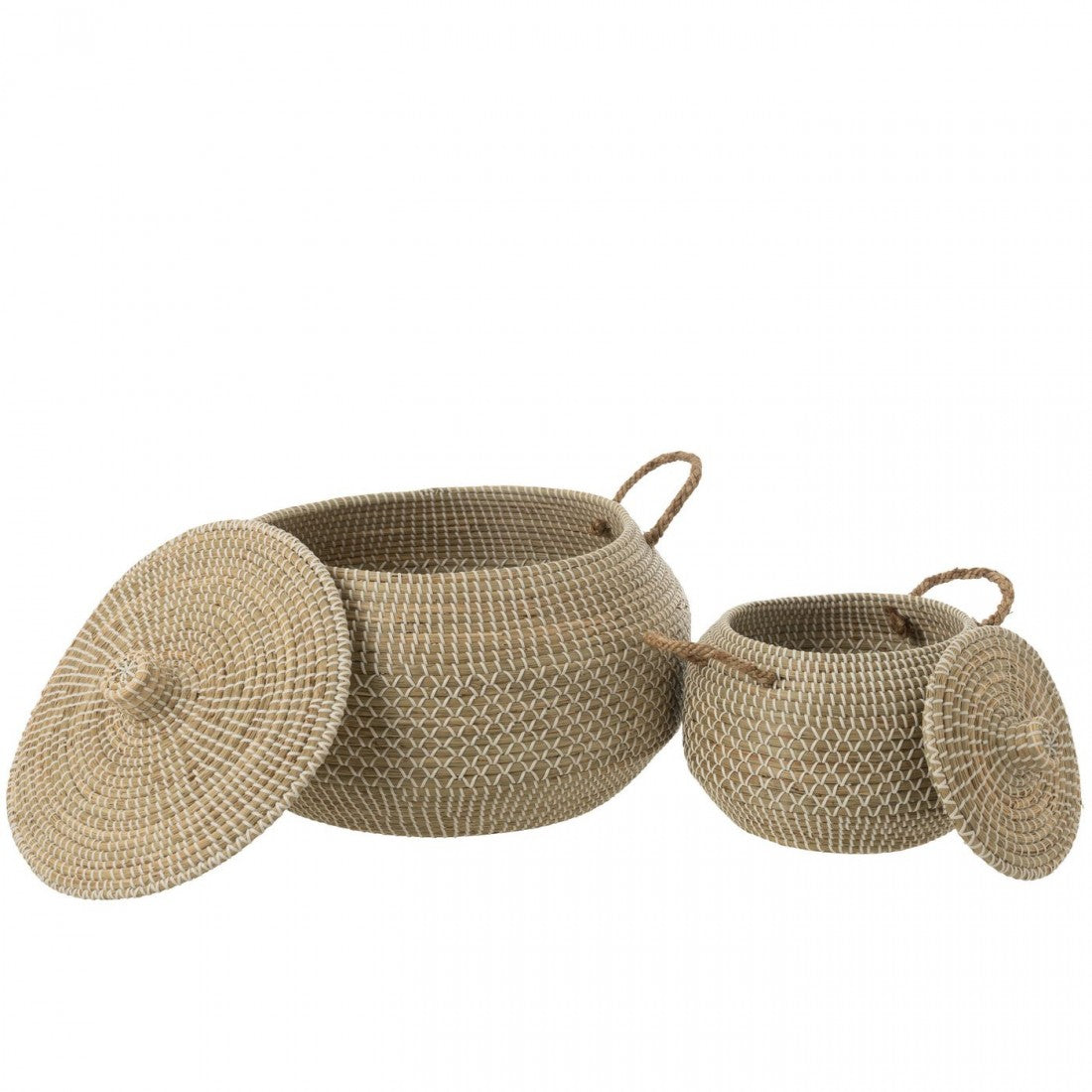 Panier avec anse + couvercle en jonc de mer naturel/blanc, lot de 2 J-Line