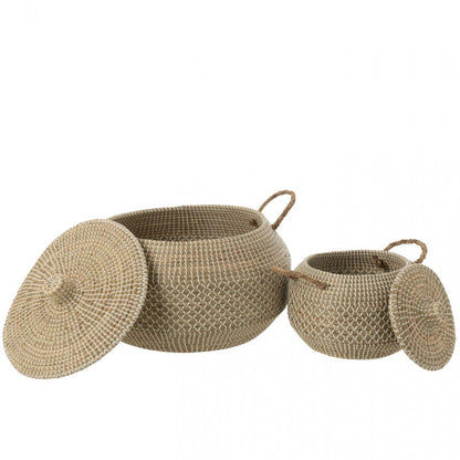 Panier avec anse + couvercle en jonc de mer naturel/blanc, lot de 2 J-Line