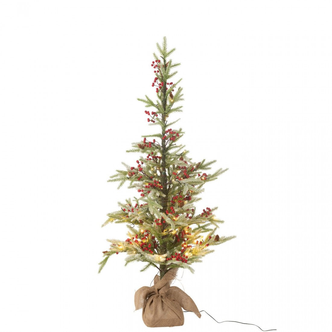 Sapin de Noël + Sac en jute + Neige artificielle LED Vert/Rouge Petit H130cm J-Line
