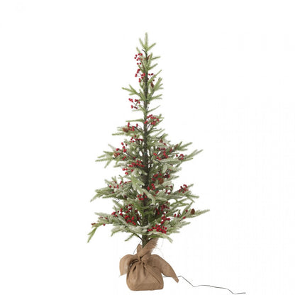 Sapin de Noël + Sac en jute + Neige artificielle LED Vert/Rouge Petit H130cm J-Line