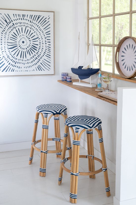 Tabouret de jardin géométrique rond en rotin bleu/blanc J-Line